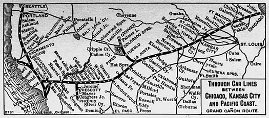 A map depicting the "Grand Canyon Route" of the Atchison, Topeka & Santa Fe Railway circa 1901.
